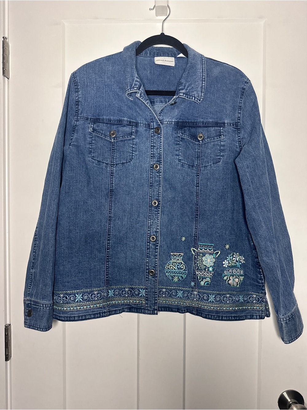 Alfred Dunner Blue Denim Jacket with Teal Embroidered Vases
